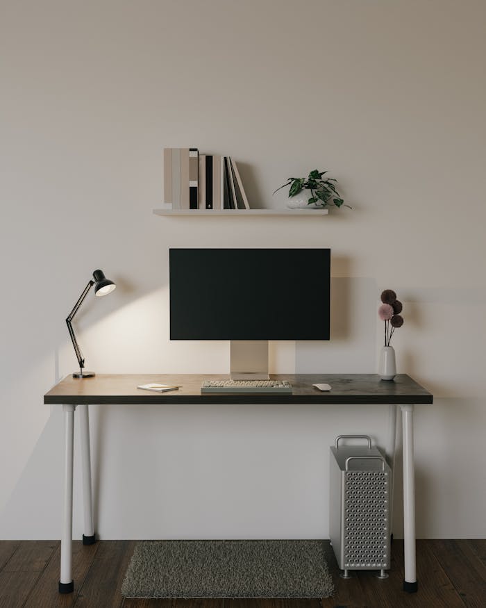 A sleek minimalist home office with a tidy desk setup featuring a monitor, lamp, and modern decor.